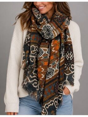H&M • Multicolor Southwestern Tribal Print Fringed Scarf, OS